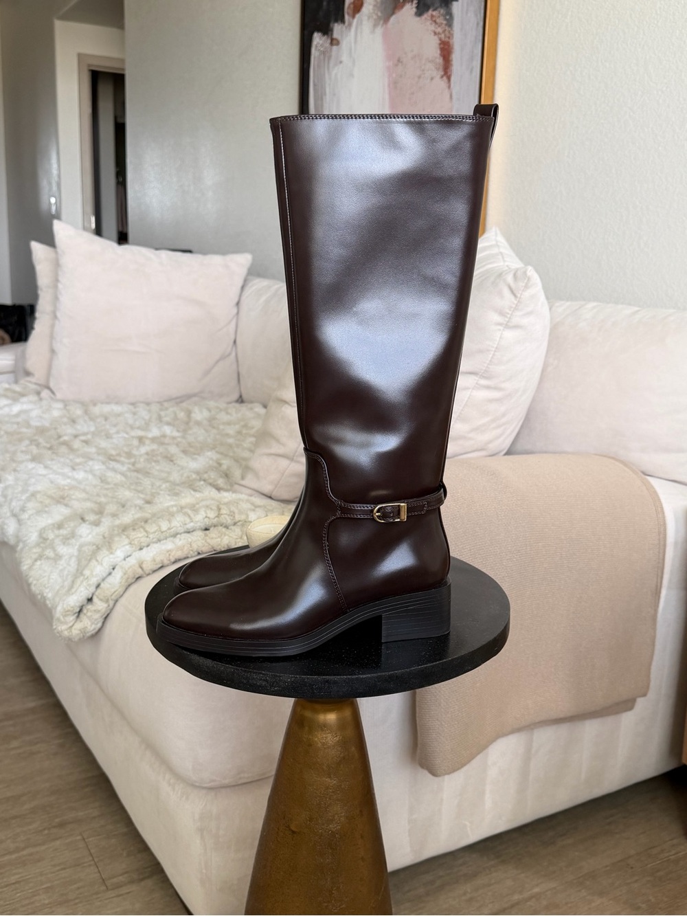 ZARA BROWN LEATHER GOLD BUCKLE RIDING BOOTS